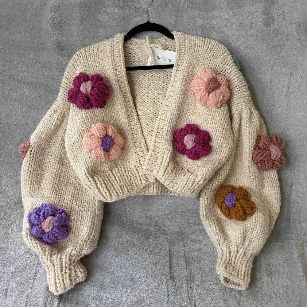 Myracle Handmade Chunky Knit Cardigan Sweater 3D Puff Flower Cropped NWT
